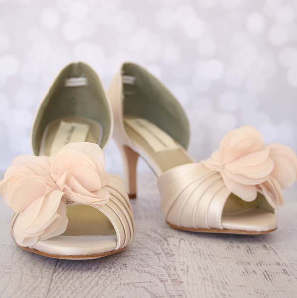 Custom Wedding Shoes Blush Kitten Heel Peep Toe Wedding Shoes with Blush Chiffon Layered Flower 1