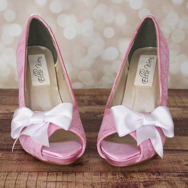 Custom Wedding Shoes Capri Pink Peep Toe Lace Overlay White Bow on Toe White Buttons 2