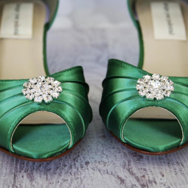 Custom Wedding Shoes Emerald Green Dorsay Peep Toe Wedding Shoes Simple Rhinestone Adornment