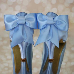 Custom Wedding Shoes French Blue Platform Peep Toe Wedding Shoes with Gold Painted Sole and Matching Bow on Back of Shoe 1