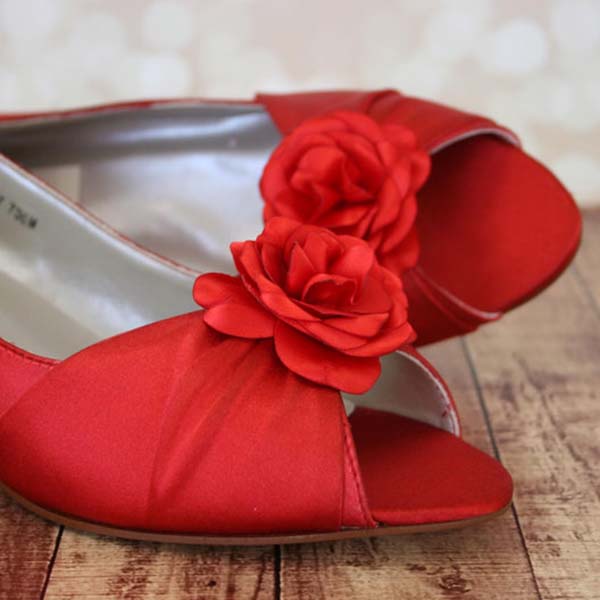Custom Wedding Shoes Red Kitten Heel Peep Toe Wedding Shoes with Single Handmade Flower Adornment on Toe