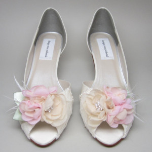Ivory Wedding Shoes Ivory Satin Kitten Heels with Lace Overlay and Ivory and Pink Flower Adornment