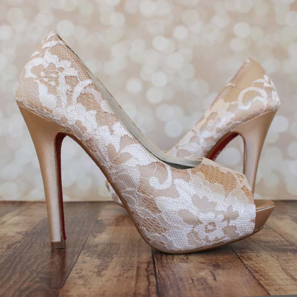 Custom Wedding Shoes Champagne Platform Peep Toe Wedding Shoes Ivory Lace Overlay Red Painted Sole 2