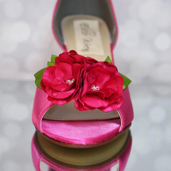 Custom Wedding Shoes Fuschia Dorsay Peep Toe Wedding Shoes Flowers Silver Crystal Buttons