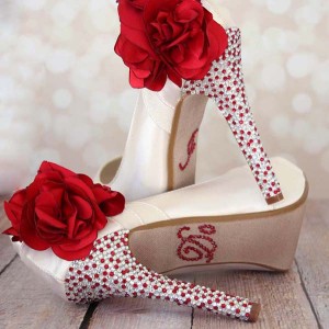 Custom Wedding Shoes Ivory Platform Peep Toe Wedding Shoes Silver Red Crystal Heel Red Roses Flowers I Do Crystals