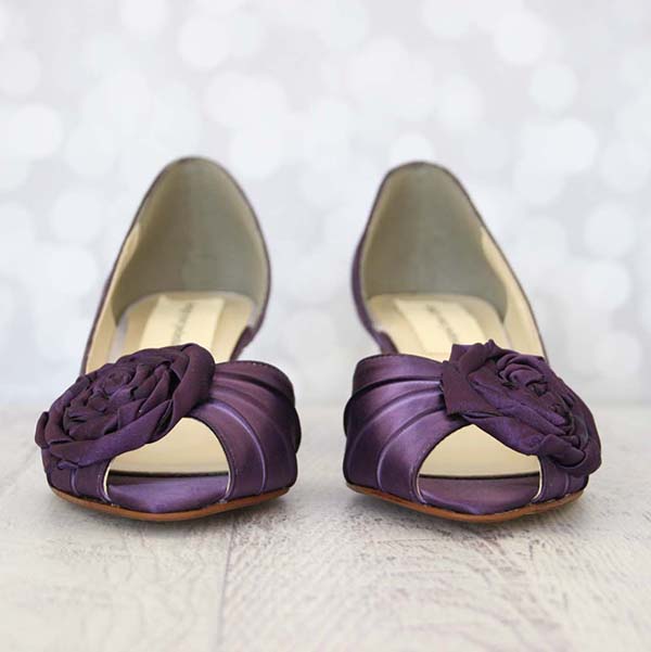 Custom Wedding Shoes Plum DOrsay Kitten Heel Peep Toe Wedding Shoes Matching Rosette Toe