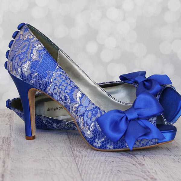 Custom Wedding Shoes Royal Blue Peep Toe Silver Lace Overlay Bow on Toe Buttons Design Your Pedestal