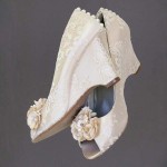 Champagne Peep Toe Wedge Custom Wedding Shoes with Ivory Lace Overlay Champagne and Ivory Flowers on the Toes and Pearl Buttons 3
