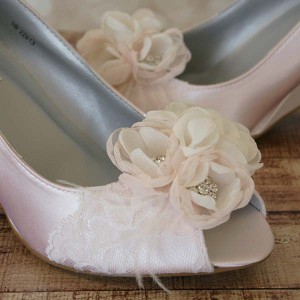 Custom Wedding Shoes Blush Peep Toe Wedges with Lace Toe Chiffon Flowers 3
