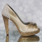 Custom Wedding Shoes Gold Platform Peep Toe Wedding Shoes with Lace Heel Cup Gold Crystal and Ivory Pearl Covered Heel and Platform