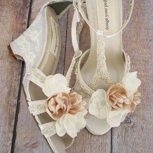 Ivory Wedding Shoes Sandals Wedges Lace Overlay Lace Straps Handmade Flowers Pearl Buttons Design Your Own