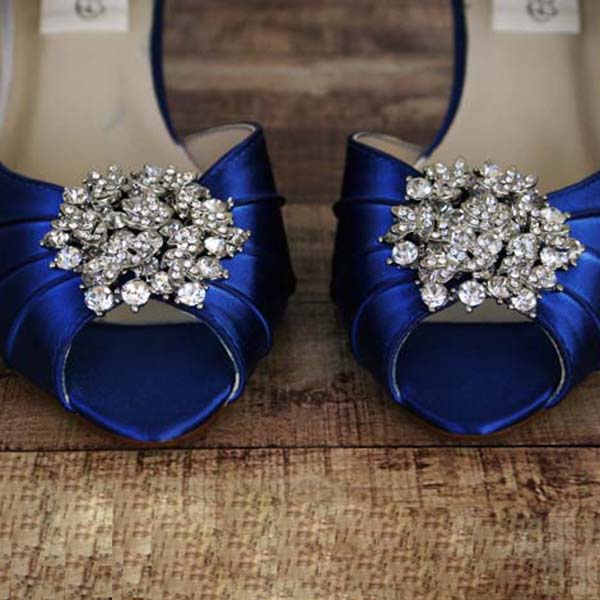 Custom Wedding Shoes Royal Blue Peep Toe Kitten Heel DOrsay Wedding Shoes Classic Rhinestone Cluster 2