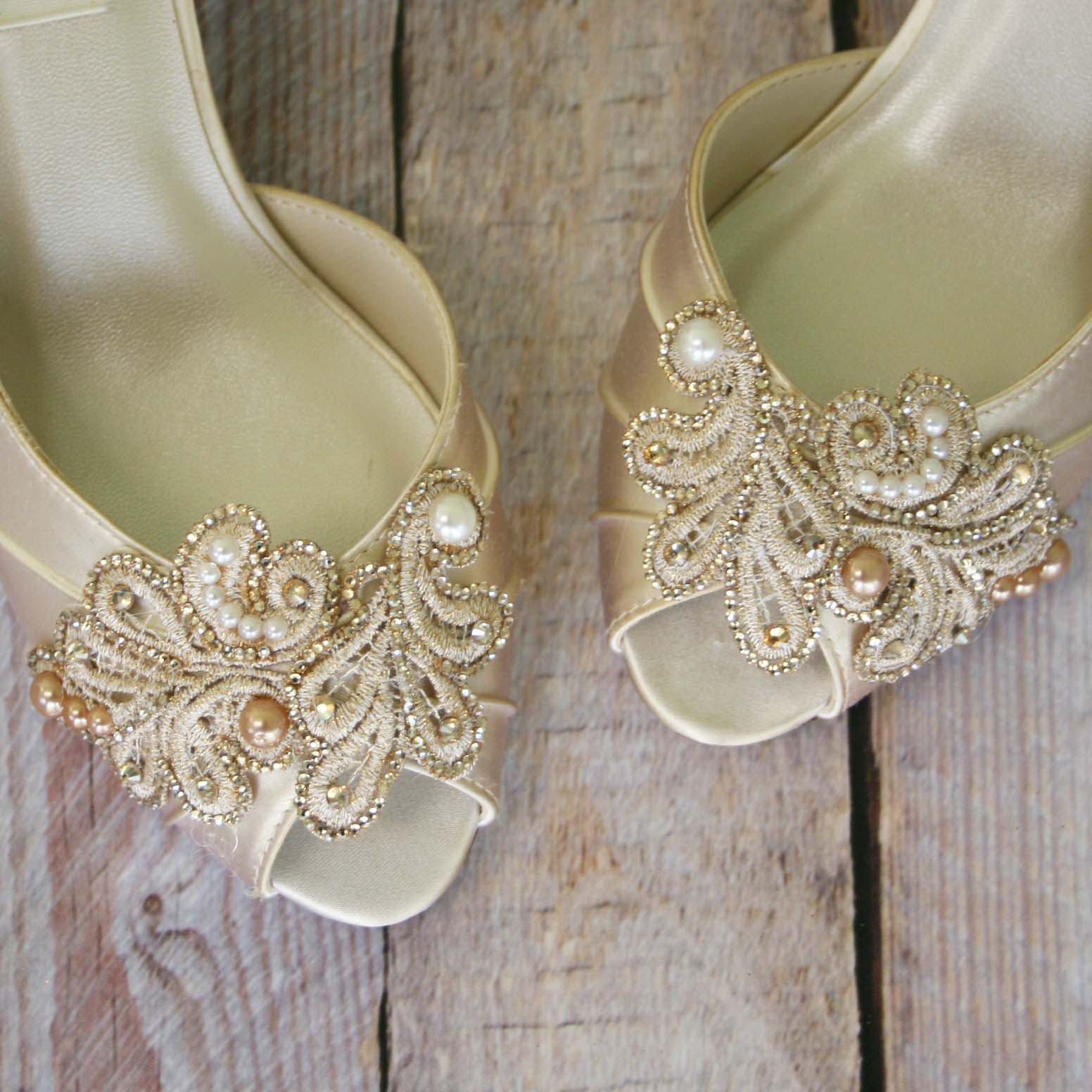 Dark Ivory DOrsay Style Kitten Heel Peep Toe Custom Wedding Shoes with Handmade Lace Applique on Toe 6