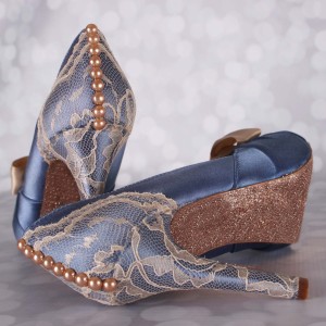 French Blue Wedding Shoes Champagne Bow on Toe Lace Heel and Heel Cup Pearl Buttons Glilttered Sole Design Your Own Wedding Shoes