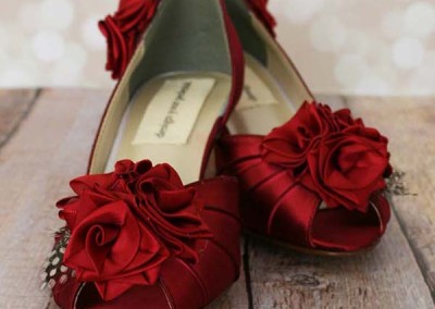 Rouge Wedding Shoes with Handmade Flowers and Polka Dot Feathers