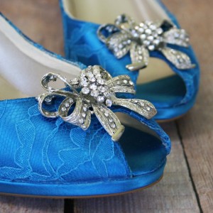 Turquoise Blue Wedding Shoes Platform Peep Toe Custom Wedding Shoes with Turquoise Lace Overlay Rhinestone Bow Adornment and Silver Crystal Buttons 3