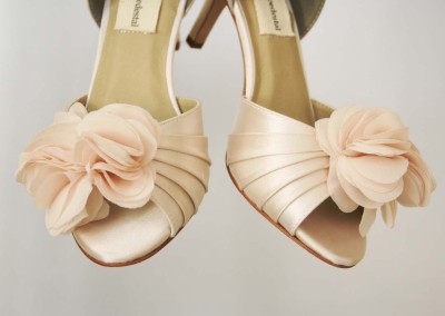 Custom Wedding Shoes: Blush D'Orsay Style Peeptoe Wedding Shoes with Blush Chiffon Flower by Ellie Wren Custom Wedding Shoes