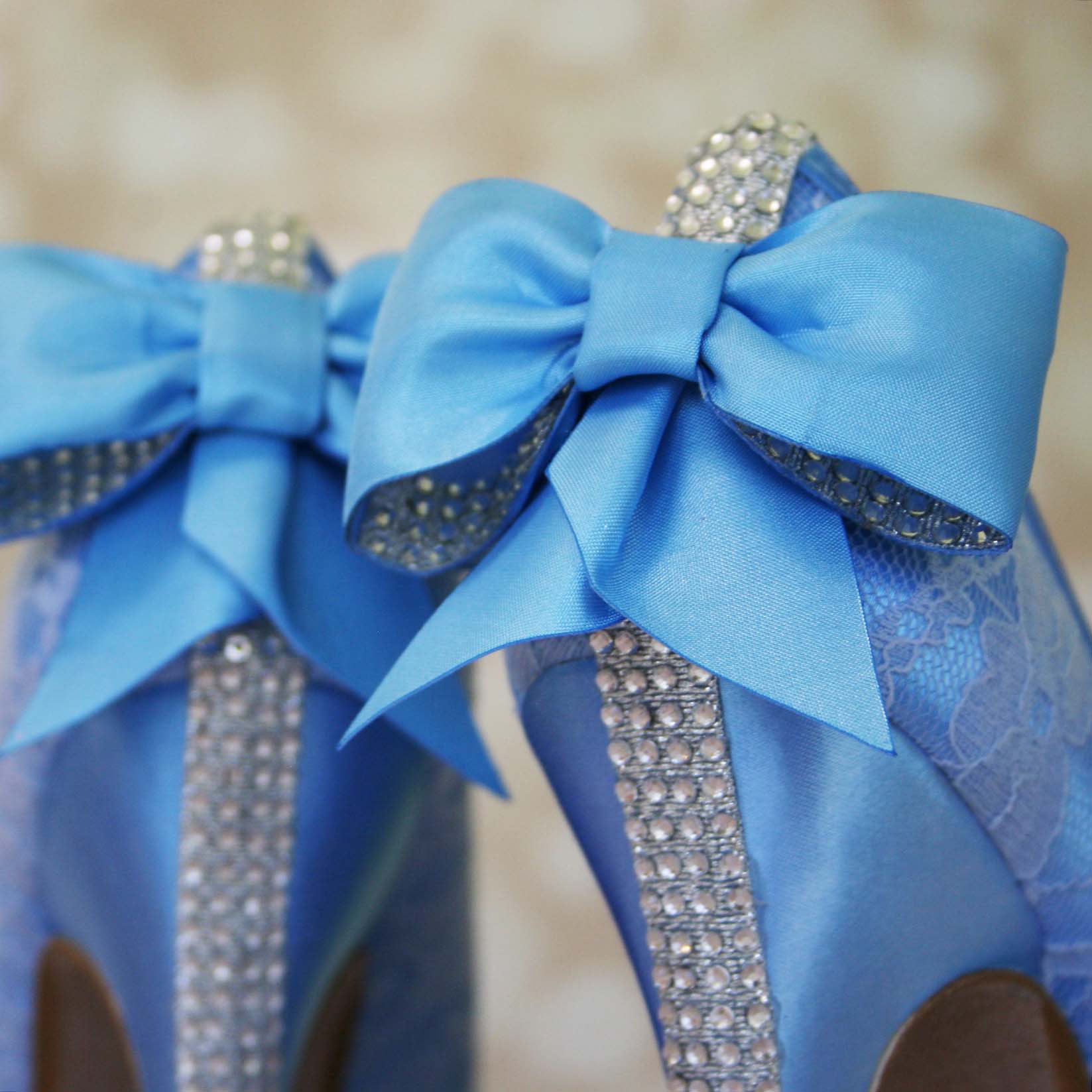 Capri Blue Platform Closed Toe Custom Wedding Shoes with Lace Overlay Matching Bow on Back with Crystal Accents and Crystal Strip Ellie Wren Design Your Pedestal 1