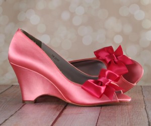 Coral Peeptoe Wedge Wedding Shoes with Fuschia Off Center Bow by Ellie Wren Custom Wedding Shoes 3