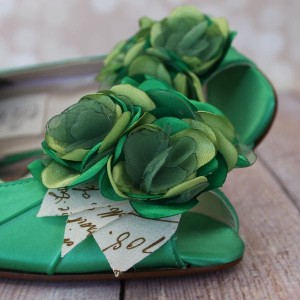Custom Wedding Shoes Green DOrsay Peep Toe Kitten Heel Matching Trio Flowers Letter Leaves 1
