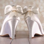 Custom Wedding Shoes Ivory Peeptoe Wedge Wedding Shoes With Classic Rhinestone Cluster on Toe Rhinestone Strip on Heel and Matching Bow on Back 1