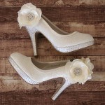 Custom Wedding Shoes Ivory Platform Lace Overlay Ivory Flowers Ankle Silver Crystal Heel and Platform 1