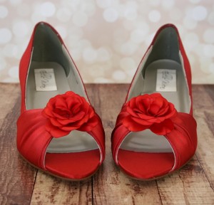 Custom Wedding Shoes Red Kitten Heel Peep Toes with Simple Satin Flower on Toe 1