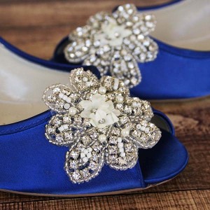 Custom Wedding Shoes Royal Blue Peep Toe Wedges with Custom Crystal and Pearl Applique on Toe 2