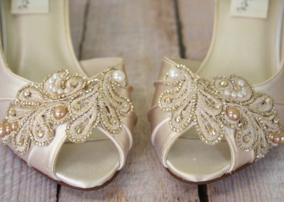 Dark Ivory DOrsay Style Kitten Heel Peep Toe Custom Wedding Shoes with Handmade Lace Applique on Toe 1