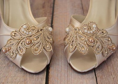 Dark Ivory Kitten Heel Peep Toe DOrsay Custom Wedding Shoes with Handmade Lace Applique Gold Crystals and Champagne Pearls 1