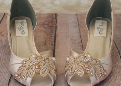 Dark Ivory Kitten Heel Peep Toe DOrsay Custom Wedding Shoes with Handmade Lace Applique Gold Crystals and Champagne Pearls 2
