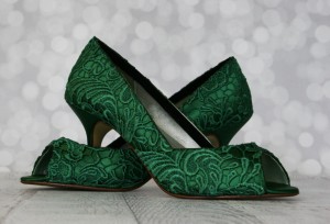 Emerald Green Peep Toe Wedding Shoes with Raised Lace Overlay Custom Wedding Shoes 4