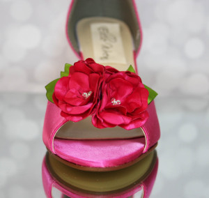 Fuschia Peep Toe Side Cut Custom Wedding Shoes with Matching Pink Flower Silver Buttons 7