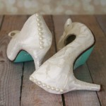 Ivory Closed Toe Custom Wedding Shoes with Lace Overlay Pearl Buttons Small Bows on Toe and Painted Sole Ellie Wren Design Your Pedestal 2