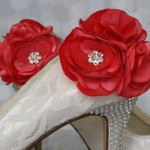 Ivory Custom Wedding Shoes with Lace Overlay Coral Flowers on the Ankle and Pearl and Rhinestone Heel 3