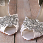 Ivory DOrsay Style Kitten Heel Peeptoe Custom Wedding Shoes with Handmade Silver Applique with Silver Crystals and Pearls by Ellie Wren Custom Wedding Shoes 4