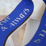 Ivory Peeptoe Custom Wedding Shoes Pearl and Rhinestone Adornment Pearl Buttons Blue Painted Sole Save the Date 5