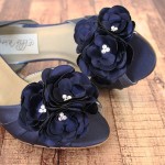 Custom Wedding Shoes Navy Blue DOrsay Peep Toe Wedding Shoes Silver Crystal Covered Heel Trio of Flowers on Toe 3