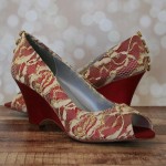 Custom Wedding Shoes Red Peep Toe Wedges with Gold Lace Overlay Gold Buttons 2