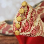 Custom Wedding Shoes Red Peep Toe Wedges with Gold Lace Overlay Gold Buttons 3