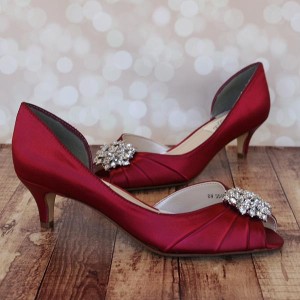 Custom Wedding Shoes Rouge Kitten Heel DOrsay Peep Toe Wedding Shoes Classic Rhinestone Cluster 4