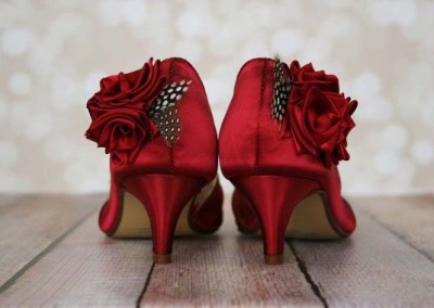 Rouge Wedding Shoes with Handmade Flowers and Polka Dot Feathers