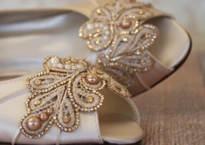 Champagne Wedding Shoes Low Heel Pearl and Crystal Lace Applique Toe Custom Wedding Shoe Design