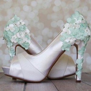 Ivory Wedding Shoes High Heel Peeptoe Ivory and Mint Flower Covered Heel Custom Wedding Shoes Design