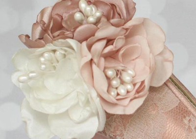 Antique Pink Wedding Shoes Lace Overlay Trio of Flowers Ankle Pearls Custom Wedding Shoe Design