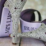 Purple Wedding Shoes High Heel Peeptoe Silver Crystal Covered Heel Lilac Painted Sole Married Name Sole Decal Custom Wedding Shoe Design