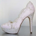 Pink Wedding Shoes High Heel Closed Toe Scalloped Lace Overlay Silver Crystal Heel and Platform Custom Wedding Shoes Design