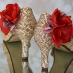 Indian Wedding Shoes: Gold Peeptoe Melissa Custom Wedding Shoes Gold Blush Crystal Covered Heel Coral Pink Flowers on Ankle
