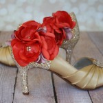 Indian Wedding Shoes: Gold Peeptoe Melissa Custom Wedding Shoes Gold Blush Crystal Covered Heel Coral Pink Flowers on Ankle