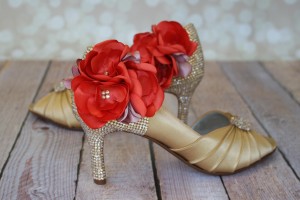 Indian Wedding Shoes: Gold Peeptoe Melissa Custom Wedding Shoes Gold Blush Crystal Covered Heel Coral Pink Flowers on Ankle